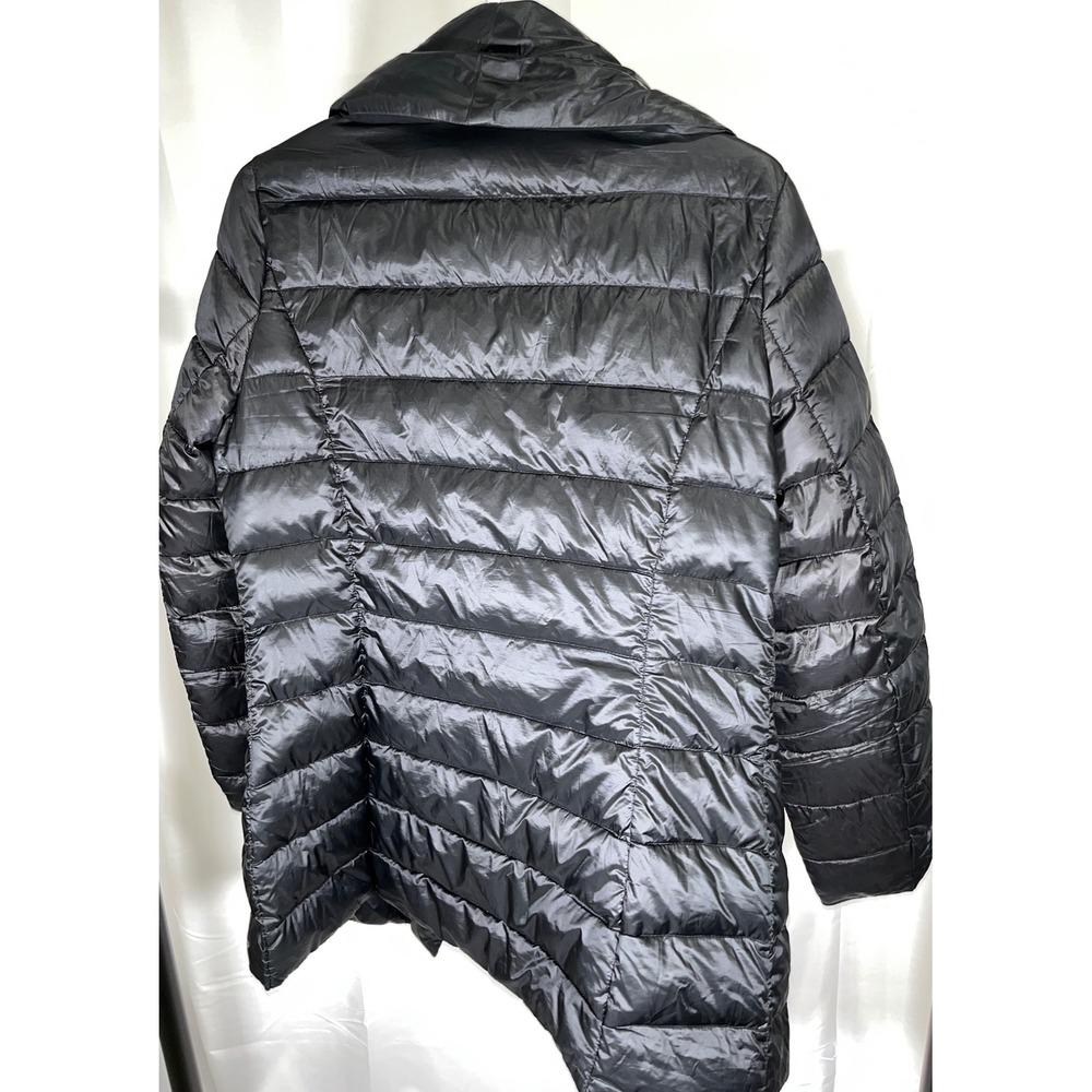Tahari Black Down Puffer Jacket Shawl Collar Asymmetrical Zip Quilted Coat S - Picture 4 of 6
